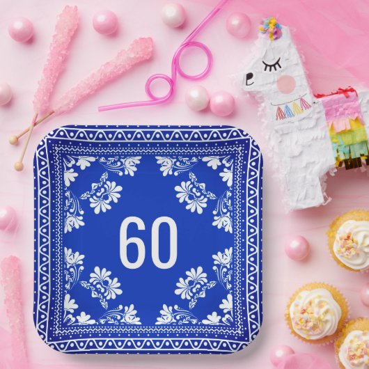 60e verjaardag Blauwe Bandaanpapieren Borden Papieren Bordje (Feest)