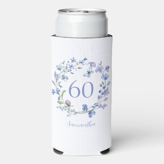 60e verjaardag Blauwe Bloemen Naam Koeler (Seltzer Achterkant)