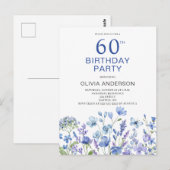 60e verjaardag Blauwe Bloemen Uitnodiging (Voorkant / Achterkant)
