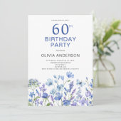 60e verjaardag Blauwe Bloemen Uitnodiging (Staand voorkant)