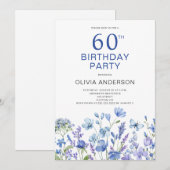 60e verjaardag Blauwe Bloemen Uitnodiging (Voorkant / Achterkant)