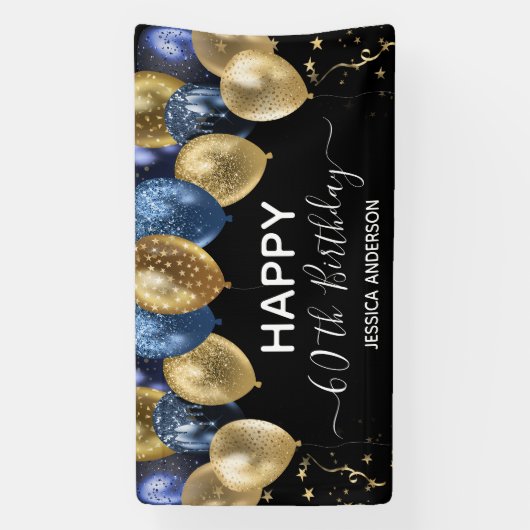 60e verjaardag Blauwe gouden ballonbanner Spandoek (Verticaal)
