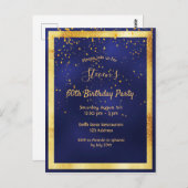 60e verjaardag: blauwe gouden confetti uitnodiging (Voorkant / Achterkant)