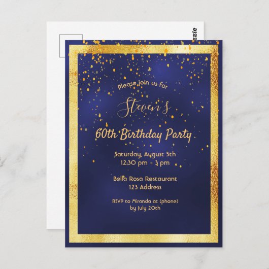 60e verjaardag: blauwe gouden confetti uitnodiging (Voorkant / Achterkant)