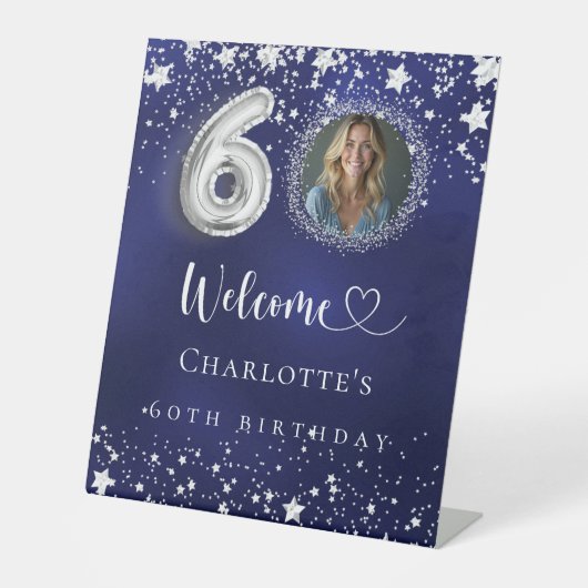 60e verjaardag blauwe zilveren sterren foto welkom reclamebord met voetstuk (Voorkant)
