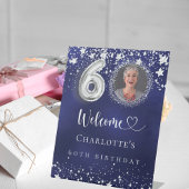 60e verjaardag blauwe zilveren sterren foto welkom reclamebord met voetstuk