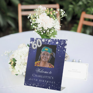 60e verjaardag blauwe zilveren sterren foto welkom reclamebord met voetstuk
