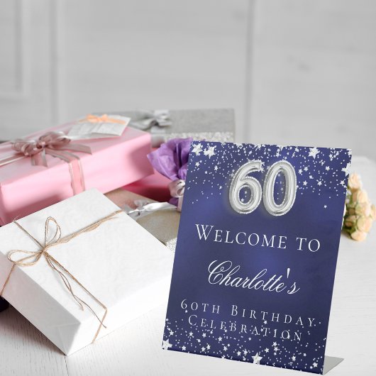 60e verjaardag blauwe zilveren sterren welkomstfee reclamebord met voetstuk
