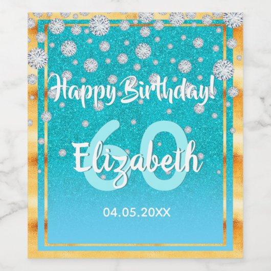 60e verjaardag blauwgroen blauwe glitter diamanten wijn etiket (Enkel label)