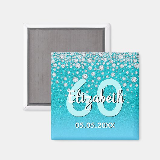 60e verjaardag blauwgroen blauwe groene glitter na magneet (Voorkant / Achterkant)