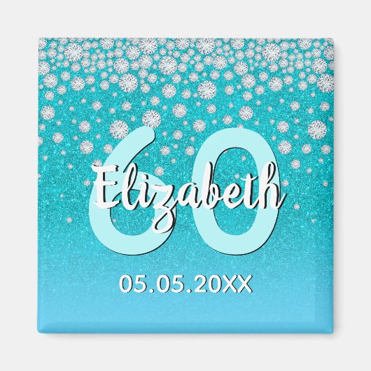 60e verjaardag blauwgroen blauwe groene glitter na magneet (Voorkant)