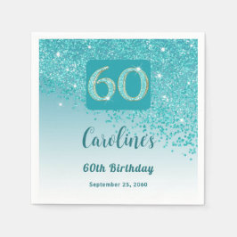 60e Verjaardag Blauwgroen Blue Glitter servetten