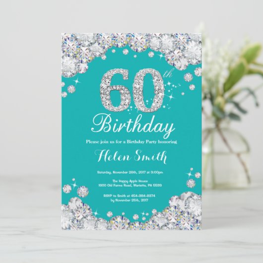 60e verjaardag Blauwgroen uitnodiging en Silver Di (Staand voorkant)