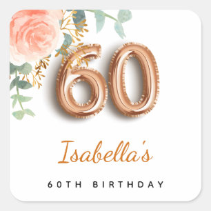 60e verjaardag bloem roos goud eucalyptus monogram vierkante sticker