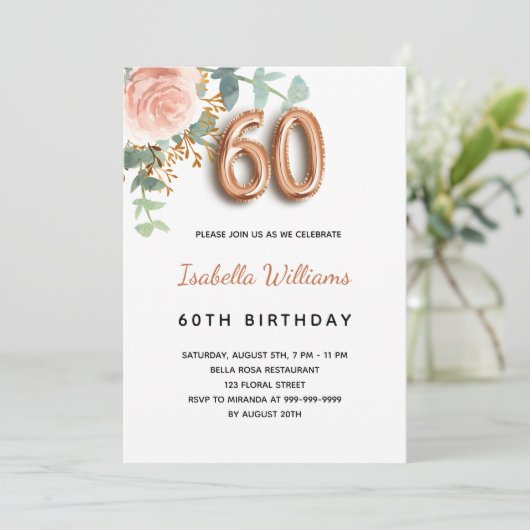 60e verjaardag bloem roosgoud eucalyptus groenblad kaart (Staand voorkant)