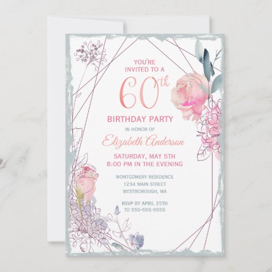 60e verjaardag Bloemen Blush Roos Waterverf Party Kaart (Voorkant)