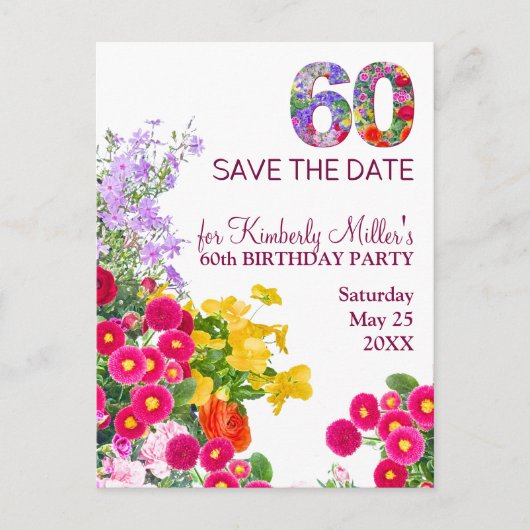 60e verjaardag Bloemen Modern 60 jaar feest Aankondigingskaart (Voorkant)