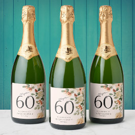 60e Verjaardag  Bloemen Mousserende Wijn Label Sparkling Wijnetiket