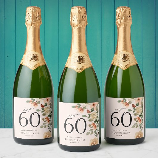 60e Verjaardag  Bloemen Mousserende Wijn Label Sparkling Wijnetiket