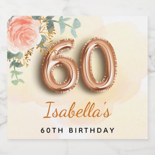 60e verjaardag bloemengoud roos eucalyptus naam sparkling wijnetiket (Enkel label)