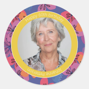 60e verjaardag bloemisterij blauw kleurrijk elegan ronde sticker
