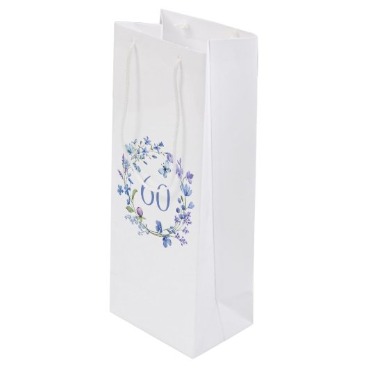 60e verjaardag Blue Floral Waterverf Wijn Cadeautas (Voorkant Gekanteld)