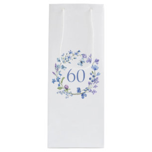60e verjaardag Blue Floral Waterverf Wijn Cadeautas