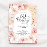 60e verjaardag Blush Pink Gold Floral Kaart<br><div class="desc">Waterverf Bloemen 60ste verjaardagsfeestje. Mooi elegant vrouwelijk ontwerp met met de hand geschilderde tropische botanische accenten en gouden gebladerte. Beschikt over delicate waterverf orchideeën, rozen, pioenen, gedroogde bananenbladeren, pampagras en trendy lettertype typografie. U kunt kiezen voor gedrukte uitnodigingen en/of instant download digitale sjabloon. Personaliseer met uw eigen gegevens. Perfect voor...</div>