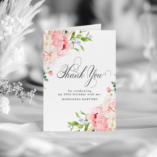60e Verjaardag Blush Pink Peony Bloemen Gevouwen Bedankkaart