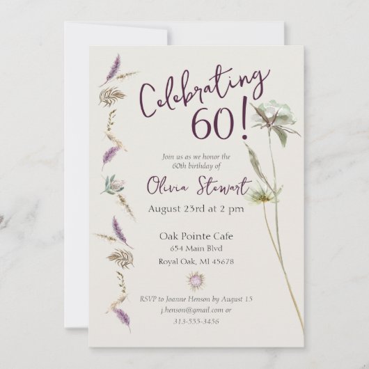 60e Verjaardag Boho Bloemige Waterverf Kaart (Voorkant)