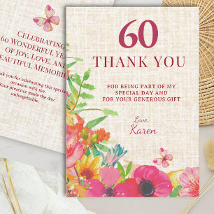 60e verjaardag Bold Floral Linen Waardering Bedankkaart