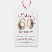 60e verjaardag Bourgogne Gold Floral gepersonalise Cadeaulabel (Achterkant)