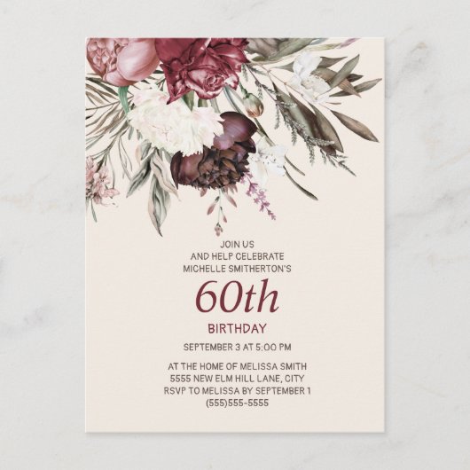 60e verjaardag Bourgogne Ivory Floral Cream Briefkaart (Voorkant)