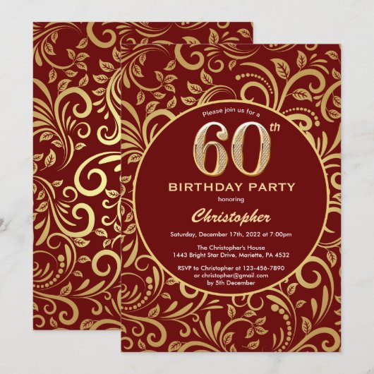 60e verjaardag Bourgogne Red en goudflank Kaart (Voorkant / Achterkant)