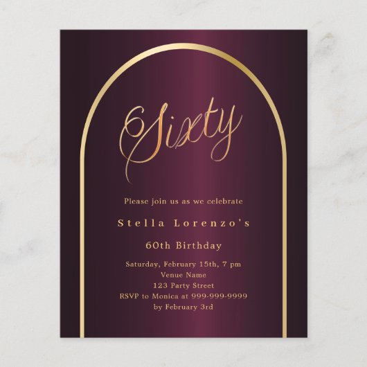 60e verjaardag Bourgondische gouden boog script ui (Voorkant)