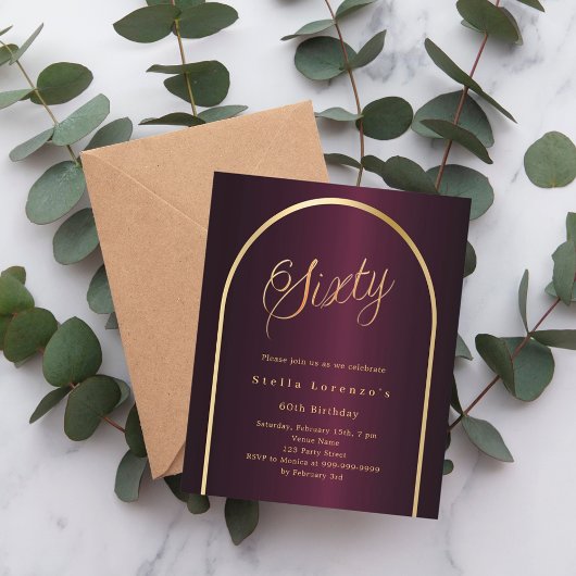 60e verjaardag Bourgondische gouden boog script ui