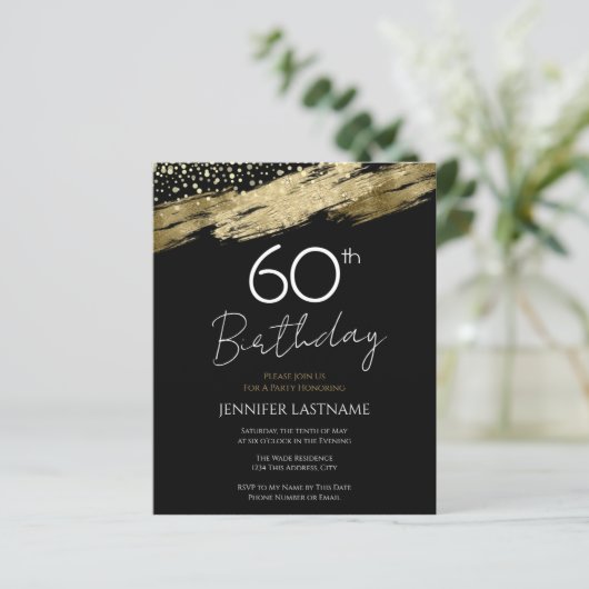 60e verjaardag Budget Gold Black Uitnodiging (Staand voorkant)