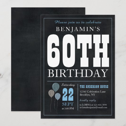 60e verjaardag Chalkboard Blauwe ballon Rustic Chi Kaart (Voorkant / Achterkant)