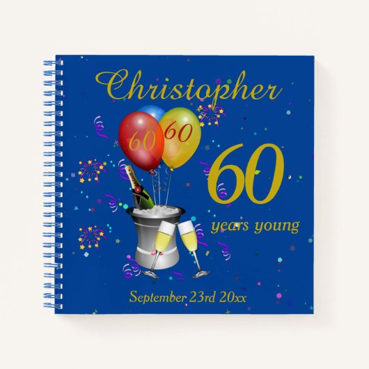 60e verjaardag Champagne Blue Party Guest notebook Notitieboek (Voorkant)