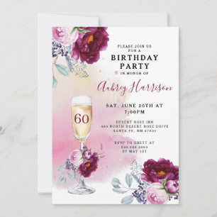60e verjaardag Champagne Glass Floral Birthday Kaart