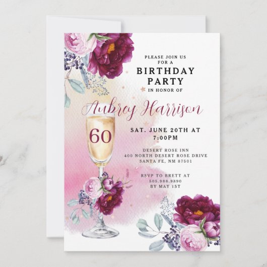 60e verjaardag Champagne Glass Floral Birthday Kaart (Voorkant)