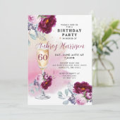 60e verjaardag Champagne Glass Floral Birthday Kaart (Staand voorkant)