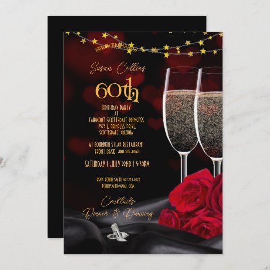 60e verjaardag Champagne & Rozen Birthday Inv Kaart (Voorkant / Achterkant)