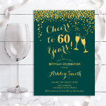 60e verjaardag - Cheers tot 60 jaar Emerald Green Kaart<br><div class="desc">Uitnodiging 60e verjaardag. Cheers tot 60 jaar! Elegant ontwerp in smaragdgroen en goud. Met champagnebril,  scriptlettertype en confetti. Ideaal voor een stijlvolle zestigste verjaardagsfeestje. Pas je eigen gegevens aan. Kan op elke leeftijd aan show worden aangepast.</div>