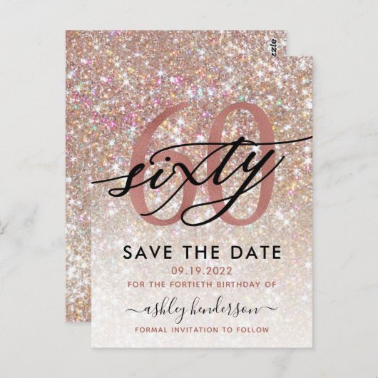 60e verjaardag Chic Glitter Ombre Bewaar de datum Briefkaart (Voorkant / Achterkant)