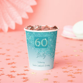 60e verjaardag Classy Falling Blauwgroen Blue Glit Papieren Bekers