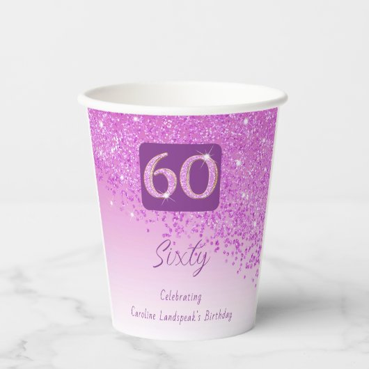 60e verjaardag Classy Falling Pink Glitter Papieren Bekers (Voorkant)