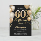 60e verjaardag Confetti zwarte en gouden ballonnen Kaart (Staand voorkant)