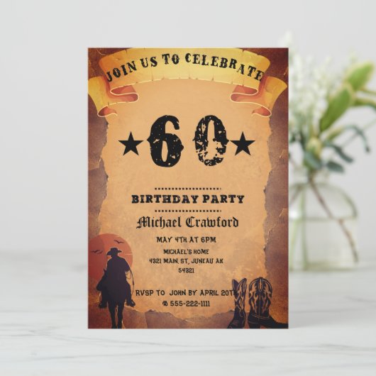 60e verjaardag cowboy oud papier paardrijden feest kaart (Staand voorkant)