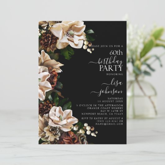 60e verjaardag Dark Moody Neutral Magnolia Floral Kaart (Staand voorkant)